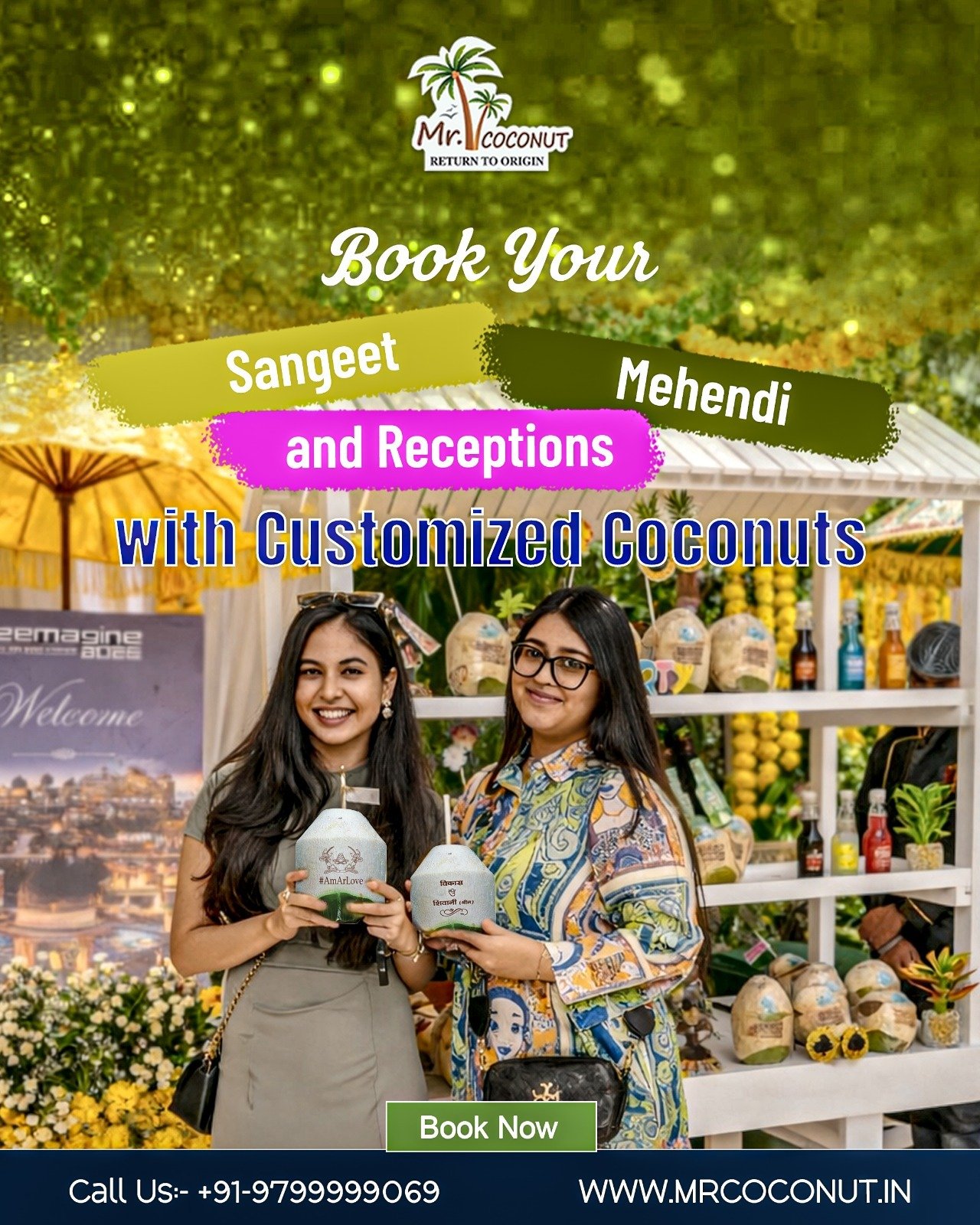 Daytime Haldi ceremony personalized coconuts outdoor hydration wedding