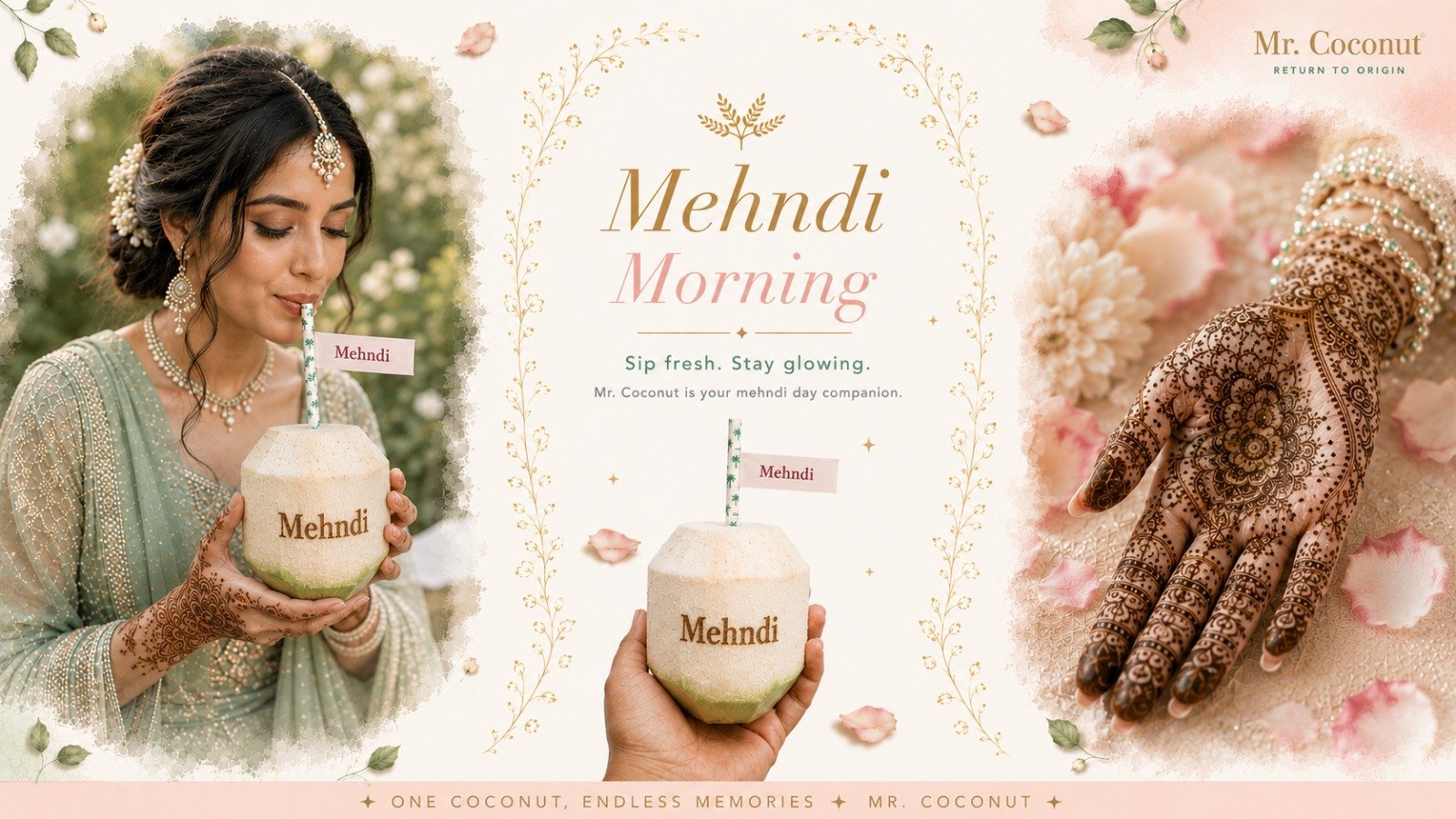 Mehndi night personalized engraved coconuts floral motifs wedding ceremony