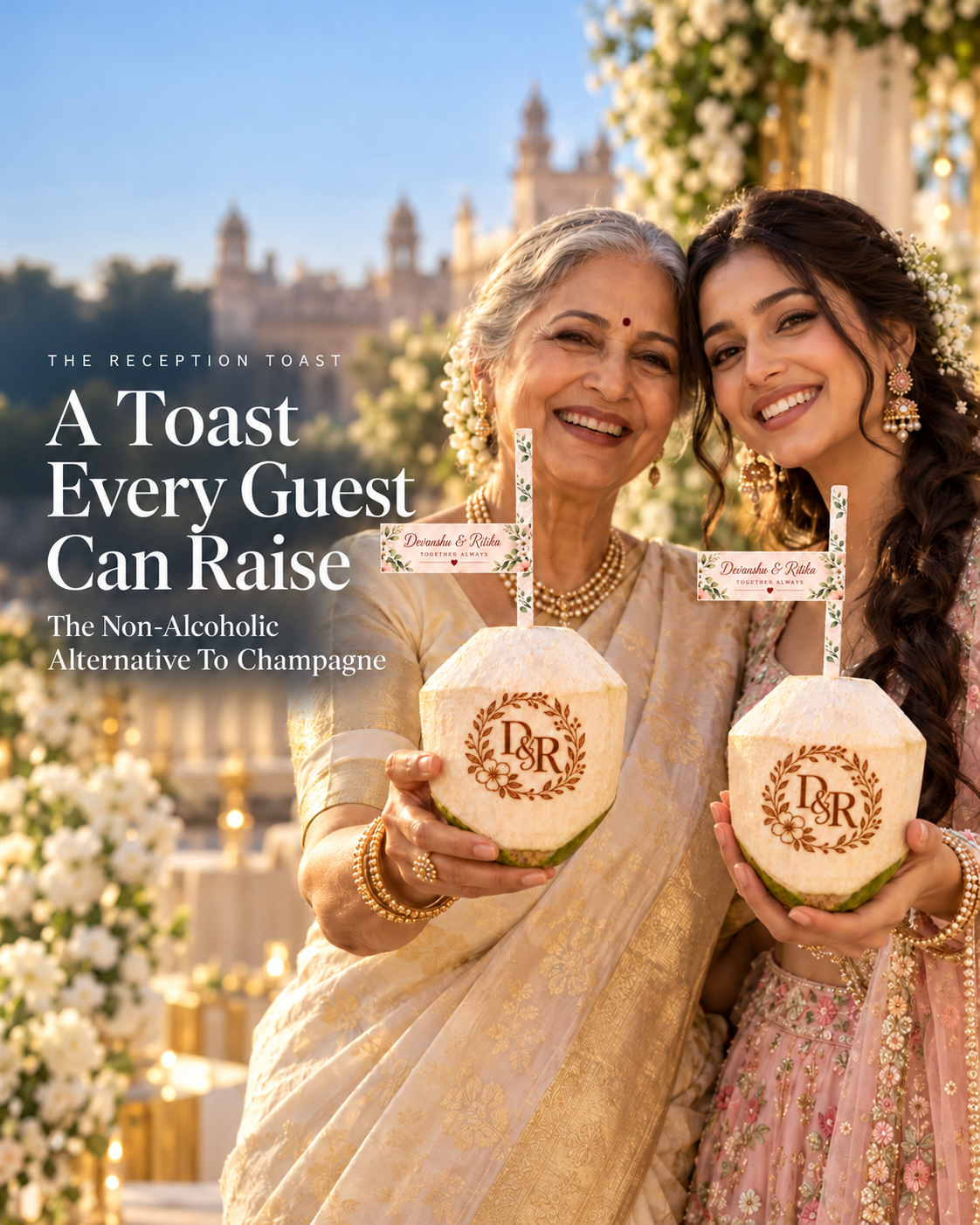 Wedding guests raising engraved coconuts in a toast at a palace reception in Jaipur