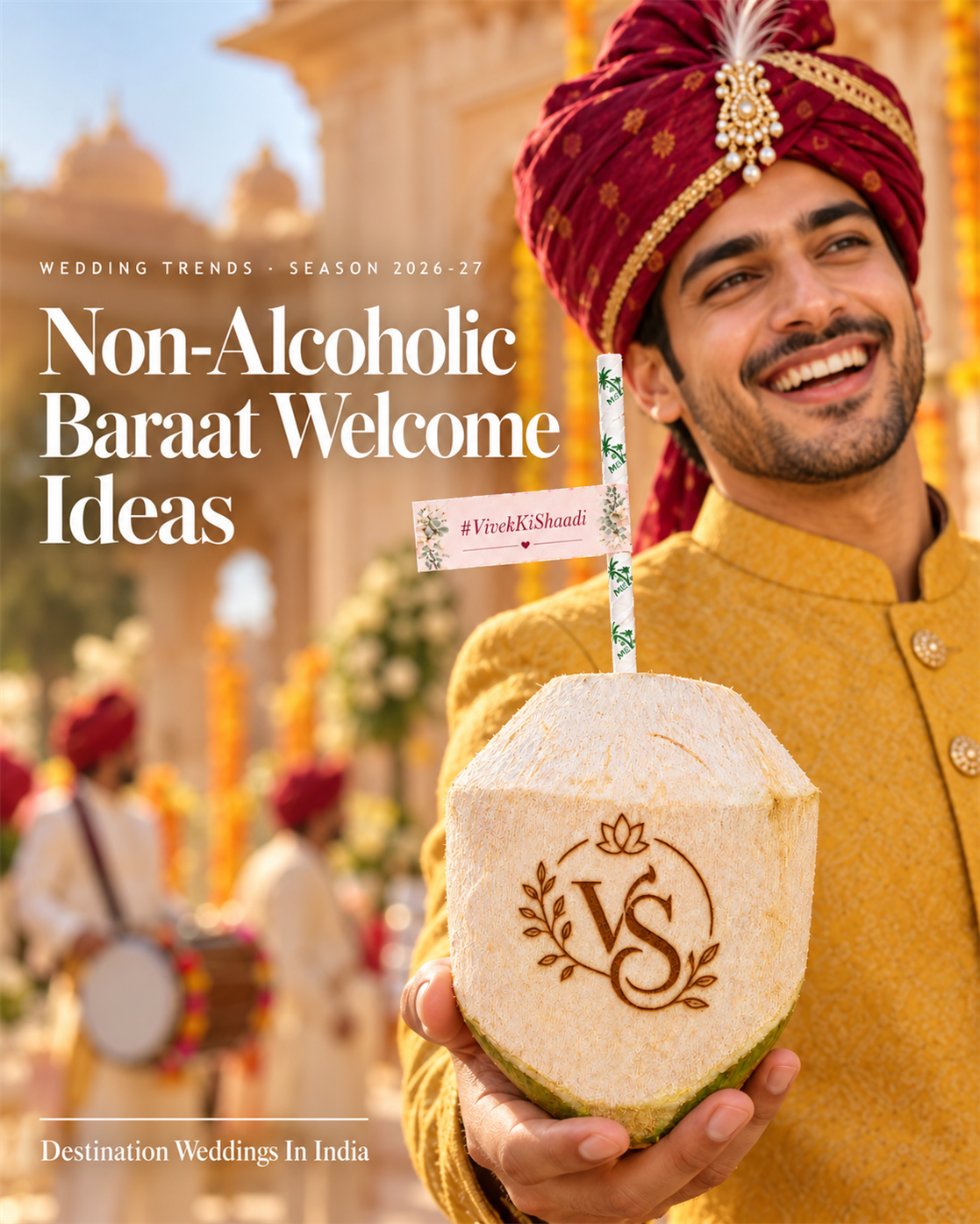 Guest holding a personalised Mr. Coconut coconut at a daytime baraat welcome in Rajasthan