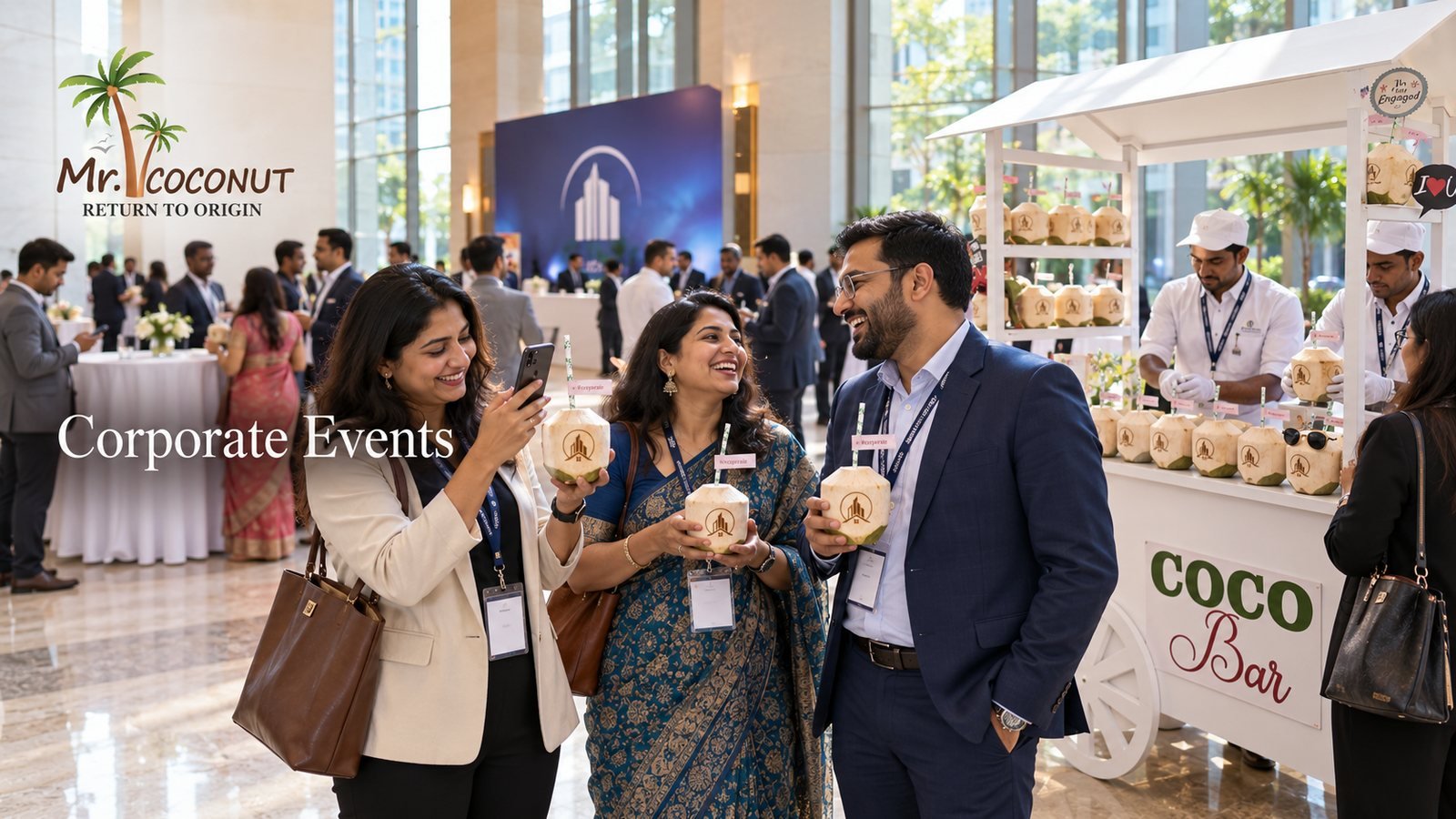 Corporate delegates holding logo-engraved coconuts beside the Mr. Coconut Coco Bar at a conference