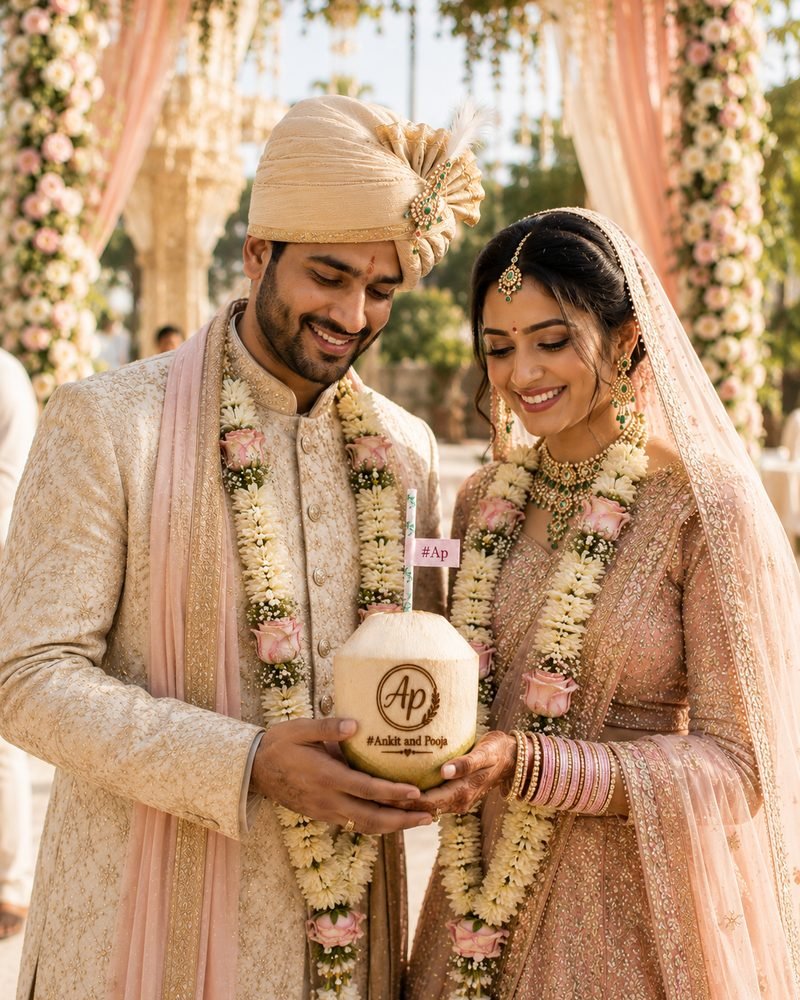 Wedding guests enjoying fresh coconuts engraved with custom names