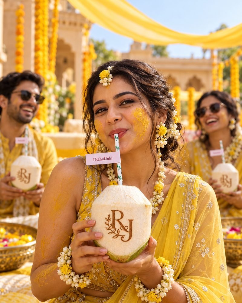 Branded coconut drinks for Haldi event wedding refreshment counter