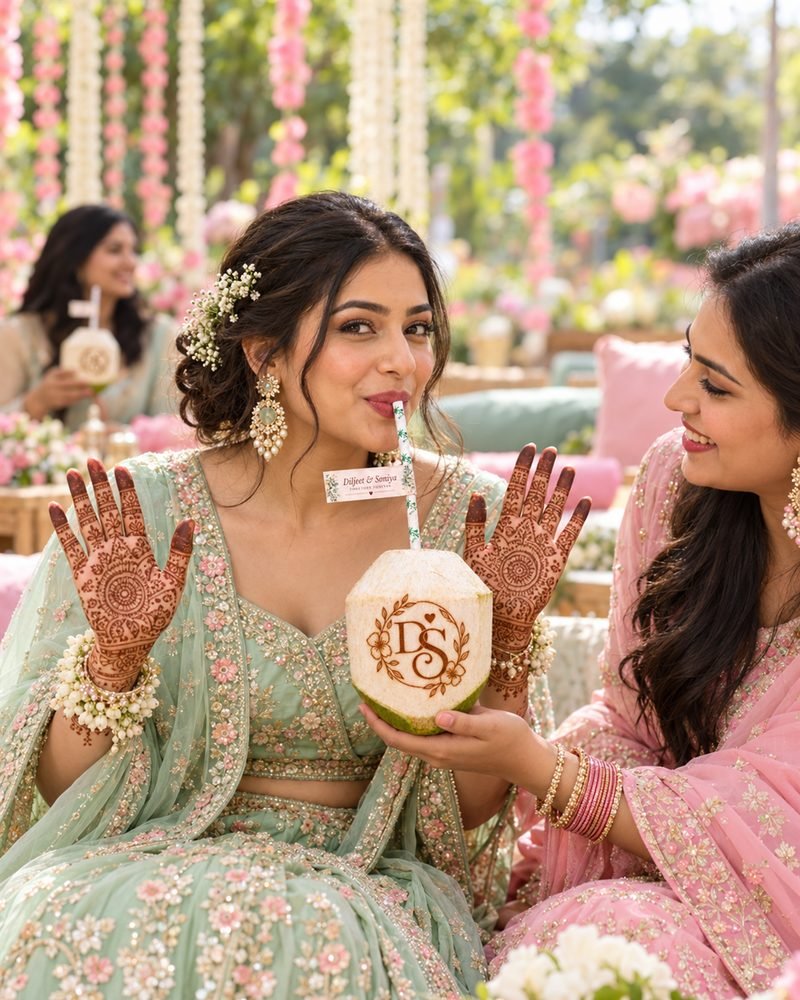 Wedding guests drinking customised coconut water at a celebration
