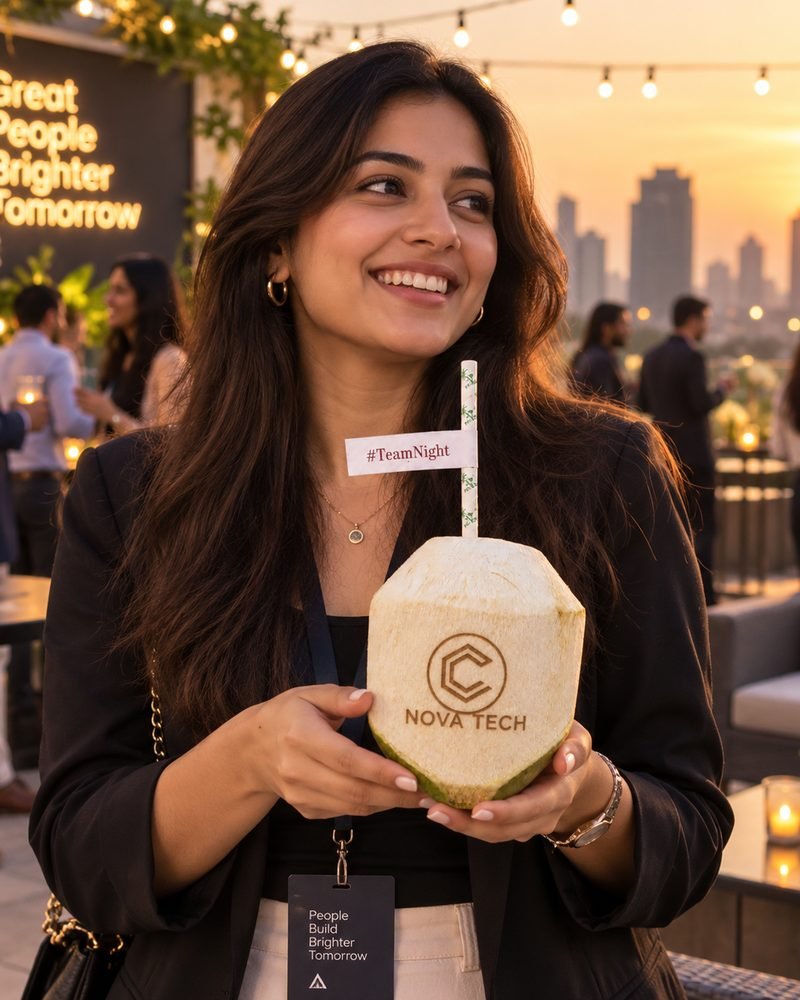 Guests holding branded coconuts at a corporate event