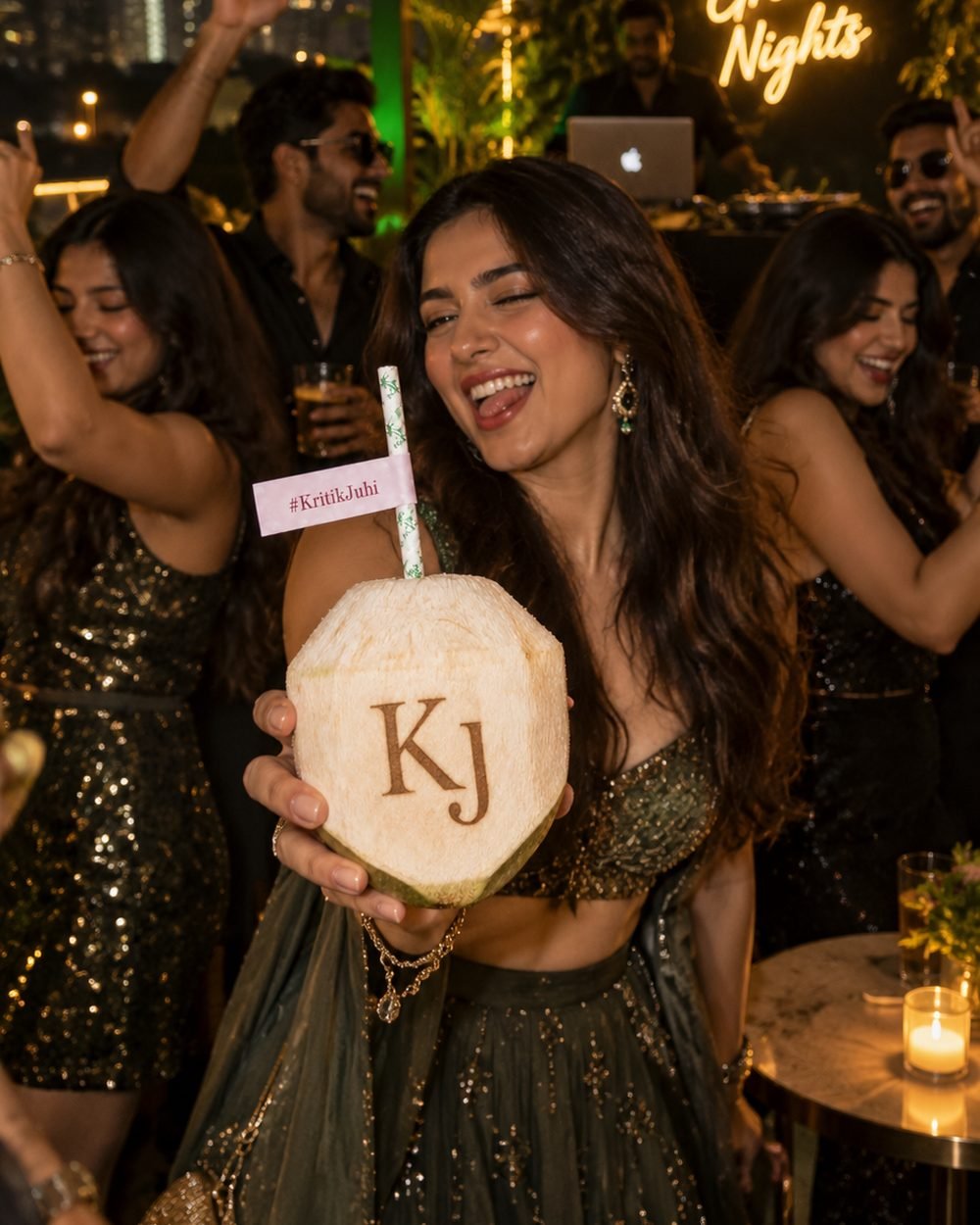 Guest dancing at a cocktail night holding a monogram engraved coconut with a hashtag straw flag
