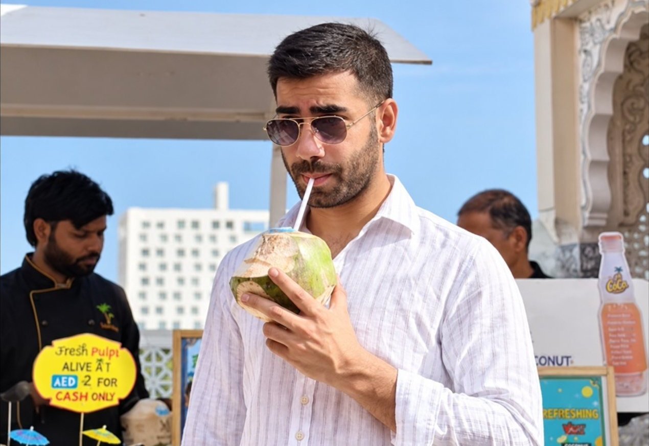 Happy customers holding branded coconuts at wedding or corporate event
